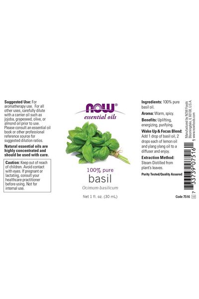 Now Foods NOW Basil Essential Oil, 100% Pure, Vegan, Child Resistant Cap, 1-Ounce