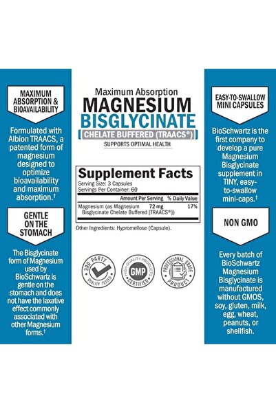 BioSchwartz Magnesium Bisglycinate Chelate - No-Laxative, Max Absorption, Energy & Bone Support, Non-GMO, 180ct