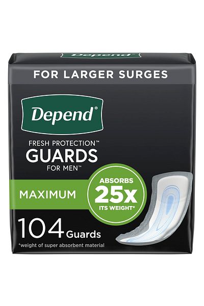 Depend Men's Incontinence Guards, Max Absorbency, 104 Count (2x52), Packaging May Vary