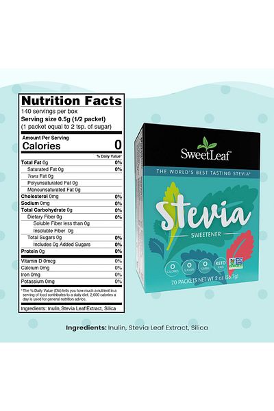 SweetLeaf Stevia Packets - Zero Calorie, No Bitter Aftertaste, Keto-Friendly, Non-GMO, 70 Count