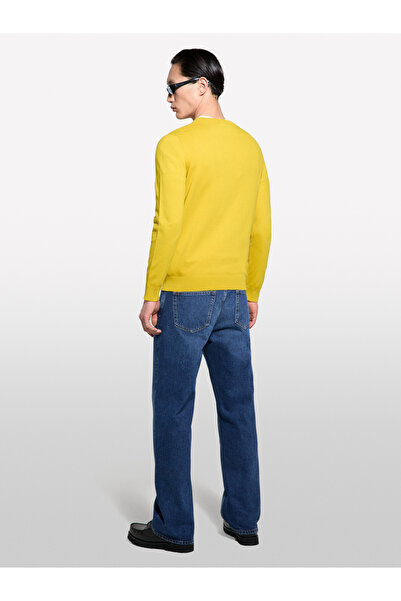 Sisley Ανδρικό πουλόβερ με μακρυμάνικο ριμπάνι από βαμβακερό μείγμα κίτρινου μουσταρδί κανονικής εφαρμογής