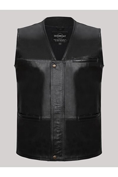 DeriWork Hakiki Deri 3 Cepli Düz Erkek Yelek Siyah