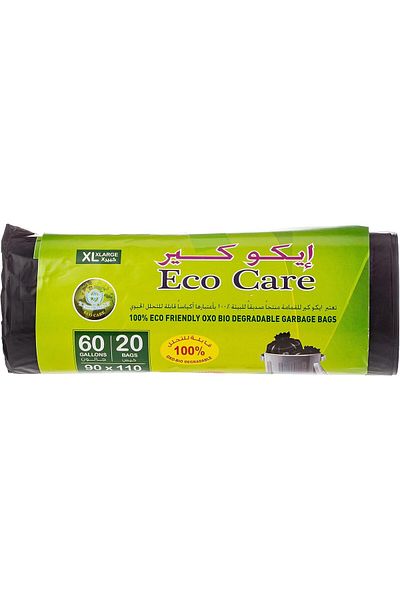 Eco Care Black Garbage Bag Roll - 20 Count, 60 Gallons, 90X110 Cm