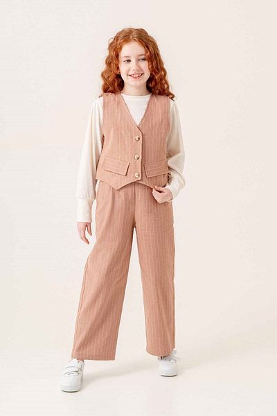 Minigimin Cicileri Детски костюм My Little Ones 9-13 години с райета и жилетка, цвят канела