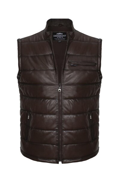 DeriWork Hakiki Deri Şişme Fermuarlı Erkek Yelek Kahverengi