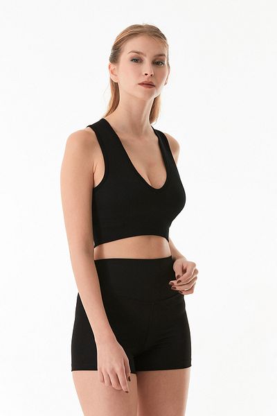 Fulla Moda Ribbed V-Neck Seamless Crop Bodysuit