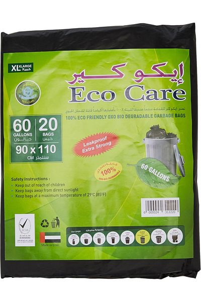 Eco Care Black Garbage Bag - 20 Count, 60 Gallons, 90X110Cm
