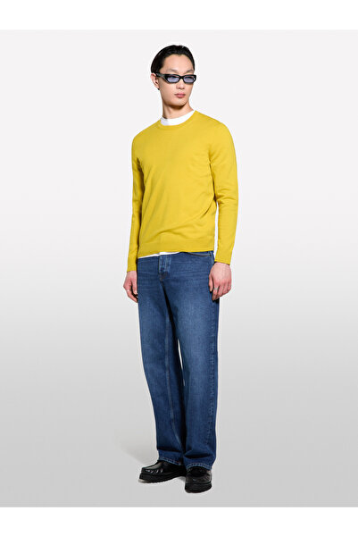 Sisley Ανδρικό πουλόβερ με μακρυμάνικο ριμπάνι από βαμβακερό μείγμα κίτρινου μουσταρδί κανονικής εφαρμογής