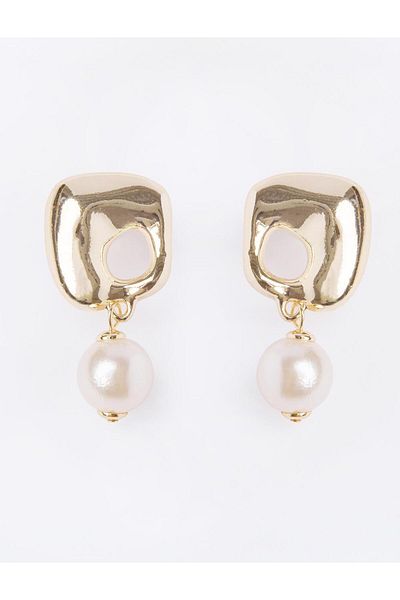 Jimmy Key Gold Color Pearl Detailed Shiny Hanging Earrings