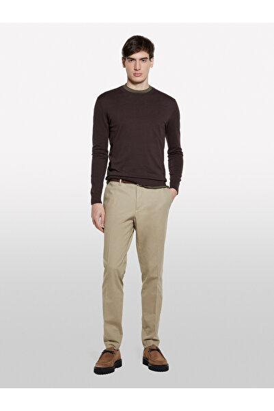 Sisley Мъжки тъмнокафяв памучен пуловер с ребристи ръкави и редовна кройка