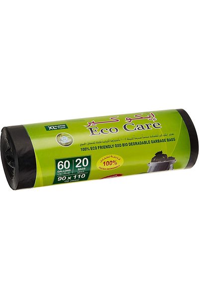 Eco Care Black Garbage Bag Roll - 20 Count, 60 Gallons, 90X110 Cm