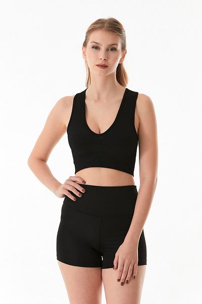 Fulla Moda Ribbed V-Neck Seamless Crop Bodysuit