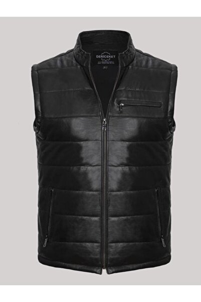 DeriWork Hakiki Deri Şişme Fermuarlı Erkek Yelek Siyah