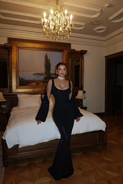 Eyyo Siyah Lucca Parıltılı Elbise ATE-2312