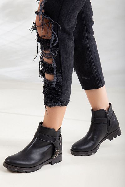 modaninfrekansı Ores Daily Women's Boots Ankle Length Side Troc Detailed Black Leather