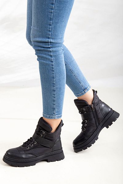 modaninfrekansı Γυναικείες αθλητικές μπότες Berti Velcro Lace Up Μαύρο δέρμα