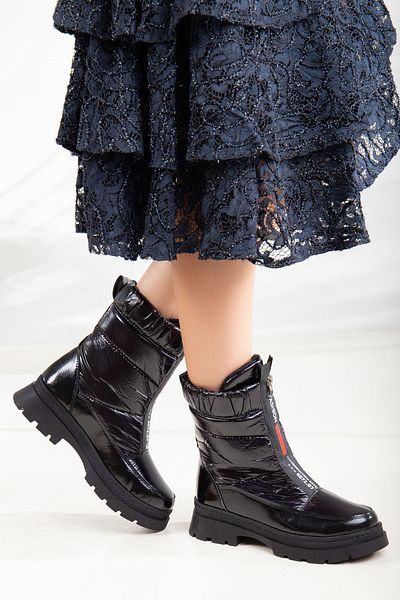 Ayakkabı Frekansı Grel Women's Parachute Boots with Front Zipper Black Patent Leather