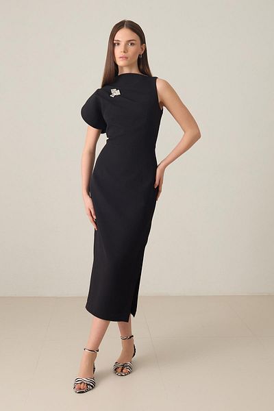 Setre Black One Shoulder Detailed Full Mold Midi Length Dress