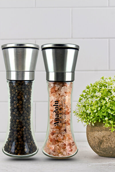 ANADOLU HASAT مجموعة مطحنة زجاجية مع مطحنة سيراميك مكونة من قطعتين - ملح جبل الهيمالايا والفلفل الأسود (19 سم)