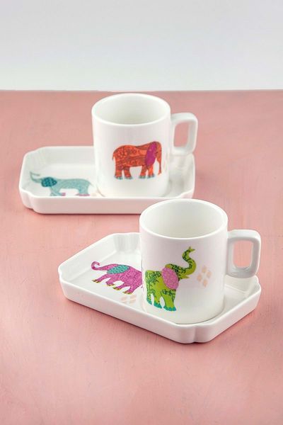 Bursa Porselen Dekor Colorful Elephant Two People Porcelain Coffee Cup Suit