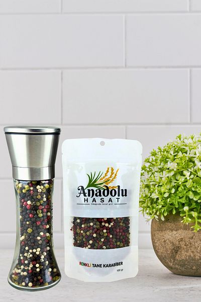 ANADOLU HASAT 4-Color 2-Piece Set-Mixed Color Black Pepper Neti 100Gr Flip Top Cap and Pepper Mill