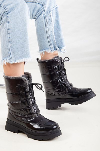 Ayakkabı Frekansı Grant Women's Lace-Up Fur Boots Black Patent Leather