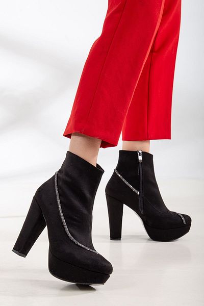 modaninfrekansı Elena Platform Stone Detailed Women's Boots Black Suede