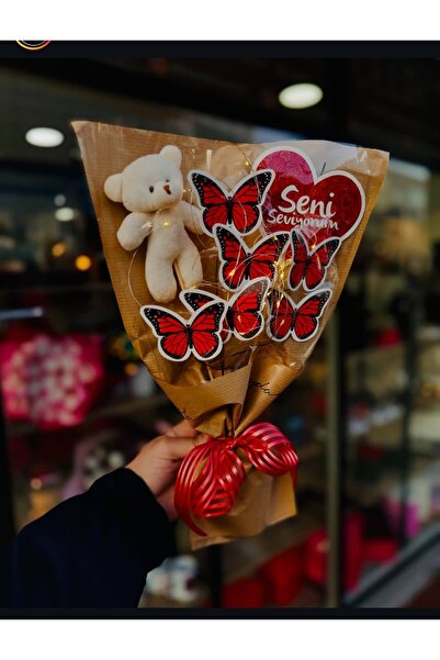 Merveparti Sevgililer Günü özel Ledli Kelebekli Ayıcık  Buketi Kırmızı kelebek