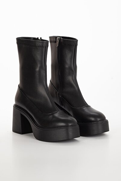 Genel Markalar Cindy Streç Topuklu Platform Bayan Bot Siyah Cilt