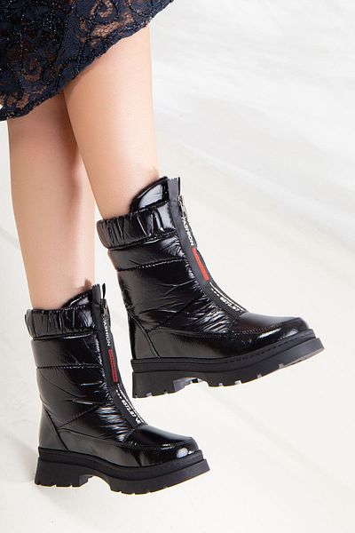 Ayakkabı Frekansı Grel Women's Parachute Boots with Front Zipper Black Patent Leather