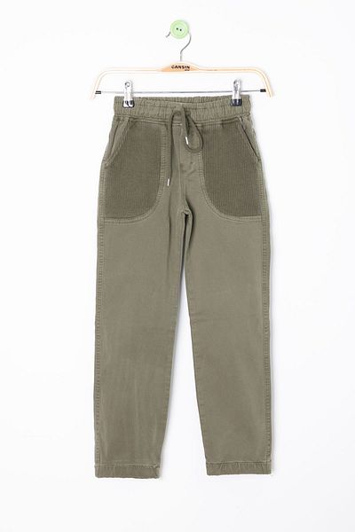 Cansın Mini Khaki Pocket Woven Detailed Boys' Linen Trousers with Elastic Waist 20414