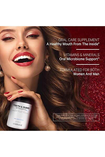 Codeage Teeth & Gums Vitamins + Oral Probiotics - Calcium, Collagen, Vitamins C, D3, K2, Zinc - 90 Capsules