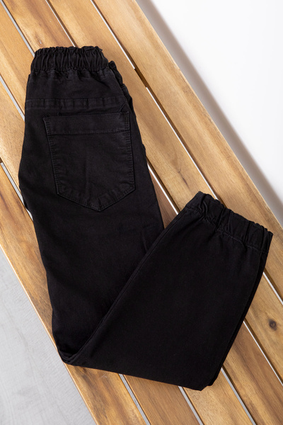 Cansın Mini Siyah Cebi Dokuma Detaylı Beli Lastikli Erkek Çocuk Keten Pantolon 20413