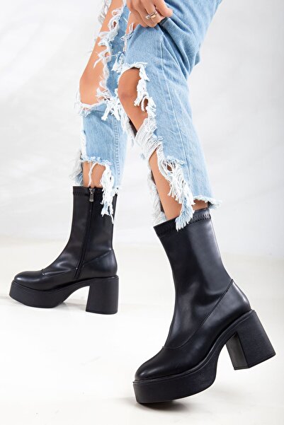 Genel Markalar Cindy Streç Topuklu Platform Bayan Bot Siyah Cilt