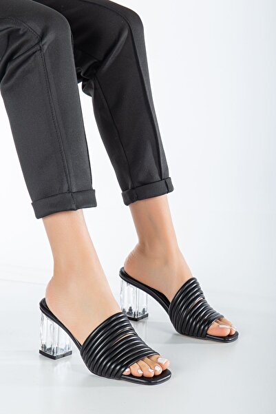 Ayakkabı Frekansı Papuci cu toc transparent pentru femei Harper, piele neagră