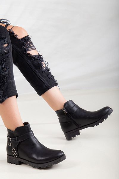 modaninfrekansı Ores Daily Women's Boots Ankle Length Side Troc Detailed Black Leather