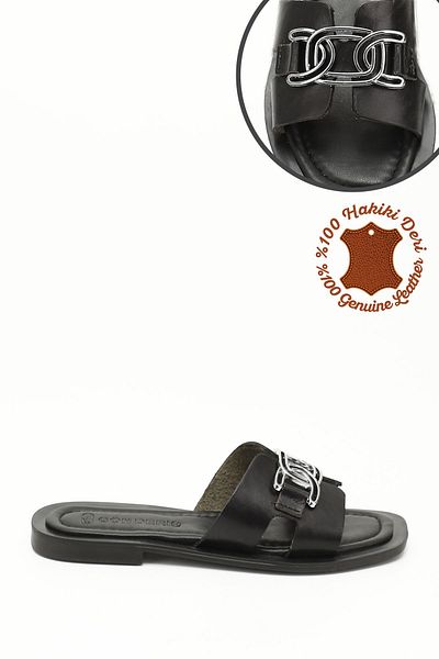 GÖNDERİ(R) Women / Girls Black Buckle Genuine Leather Slippers