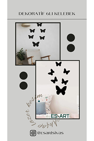 Dekoratif 6 Adet Ahşap Kelebek - Duvar Süsü - Es-art