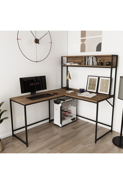 Deconode Cornermaster Raflı L Köşe Çalışma Masası Kahverengi