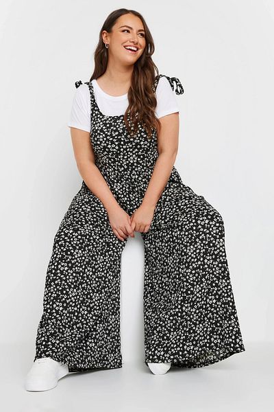 Stil Diva Large Size Loose Wide Leg Straps Tie-Up Floral Pattern Maxi Jumpsuit 137986