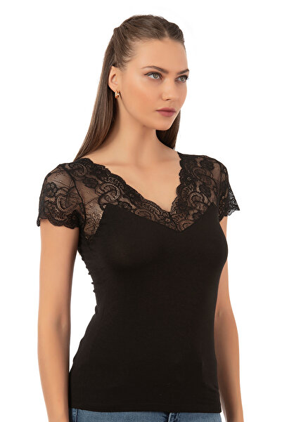ÖZKAN underwear Özkan 26947 Women's Cotton Modal Flexible Soft Front Lace Detailed V-Neck Undershirt