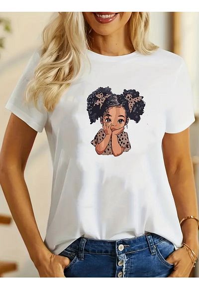makiteks Tricou oversize unisex - Fată imprimată - Alb / Negru / Gri