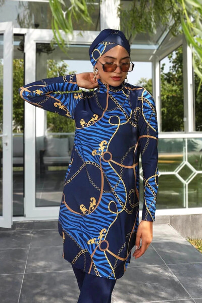 hazelin Жіночий довгий купальник з довгими рукавами та синім візерунком HZL25S-AR268-514