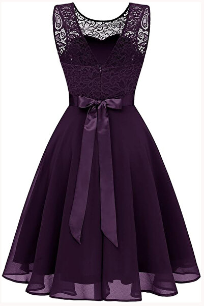 1fazlası Kadın Büyük Beden Mürdüm Beli Kurdaleli Kolsuz Midi Elbise