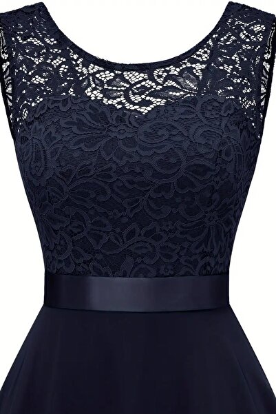 1fazlası Kadın Büyük Beden Lacivert Beli Kurdaleli Kolsuz Midi Elbise