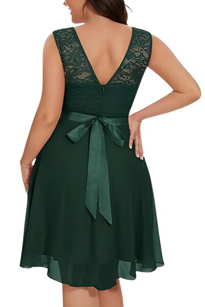 1fazlası Kadın Büyük Beden Zümrüt Yeşil Beli Kurdaleli Kolsuz Midi Elbise