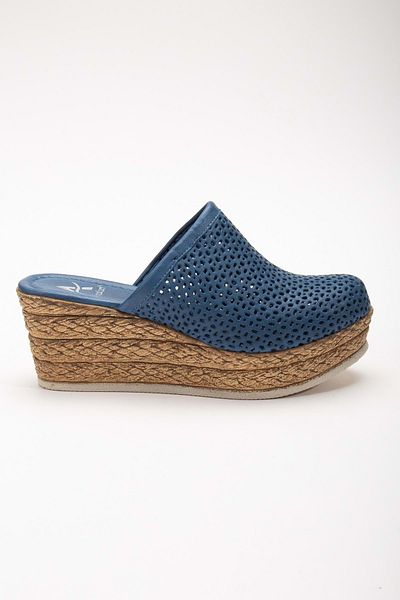 ANALİN SHOES Blue Genuine Leather Closed Toe Wedge Heel Women's Slippers