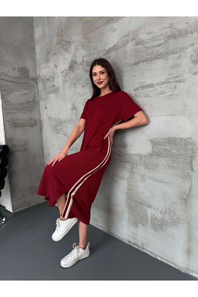 Elif Özbey Butik Rochie cu dungi laterale burgundy