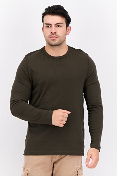 Brave Soul Men Crew Neck Long Sleeves Plain T-Shirt, Dark Olive
