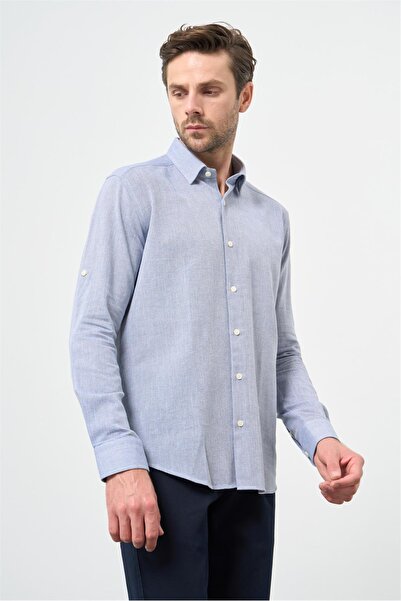 İmza Синя сорочка Slim Fit з коміром на один рукав, бавовна, повсякденна 1004240202